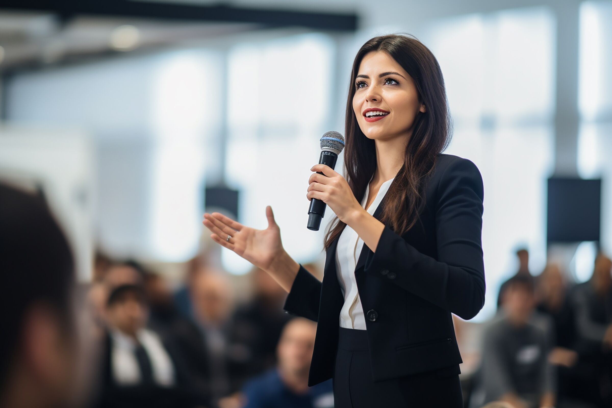 Female speaker giving a talk on corporate business conference. Unrecognizable people in audience at conference hall. Business and Entrepreneurship event